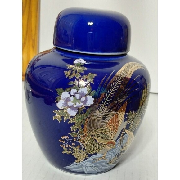 Ginger Jar  With Lid‎ Cobalt Blue with a Painting Of a  Gold Pheasant 5.5in Tall - Picture 4 of 11